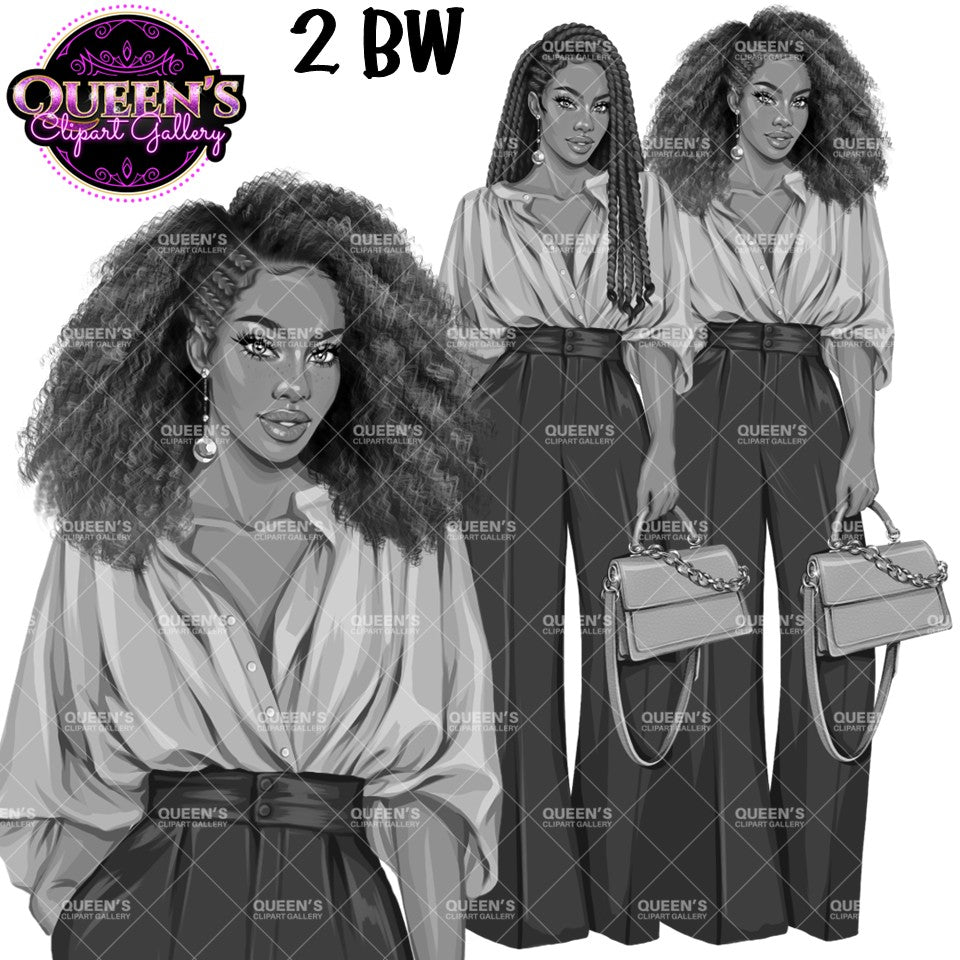 Black woman business clipart in grayscale featuring natural Afro hair and braided hairstyles with professional clothing and handbags, transparent background PNG.