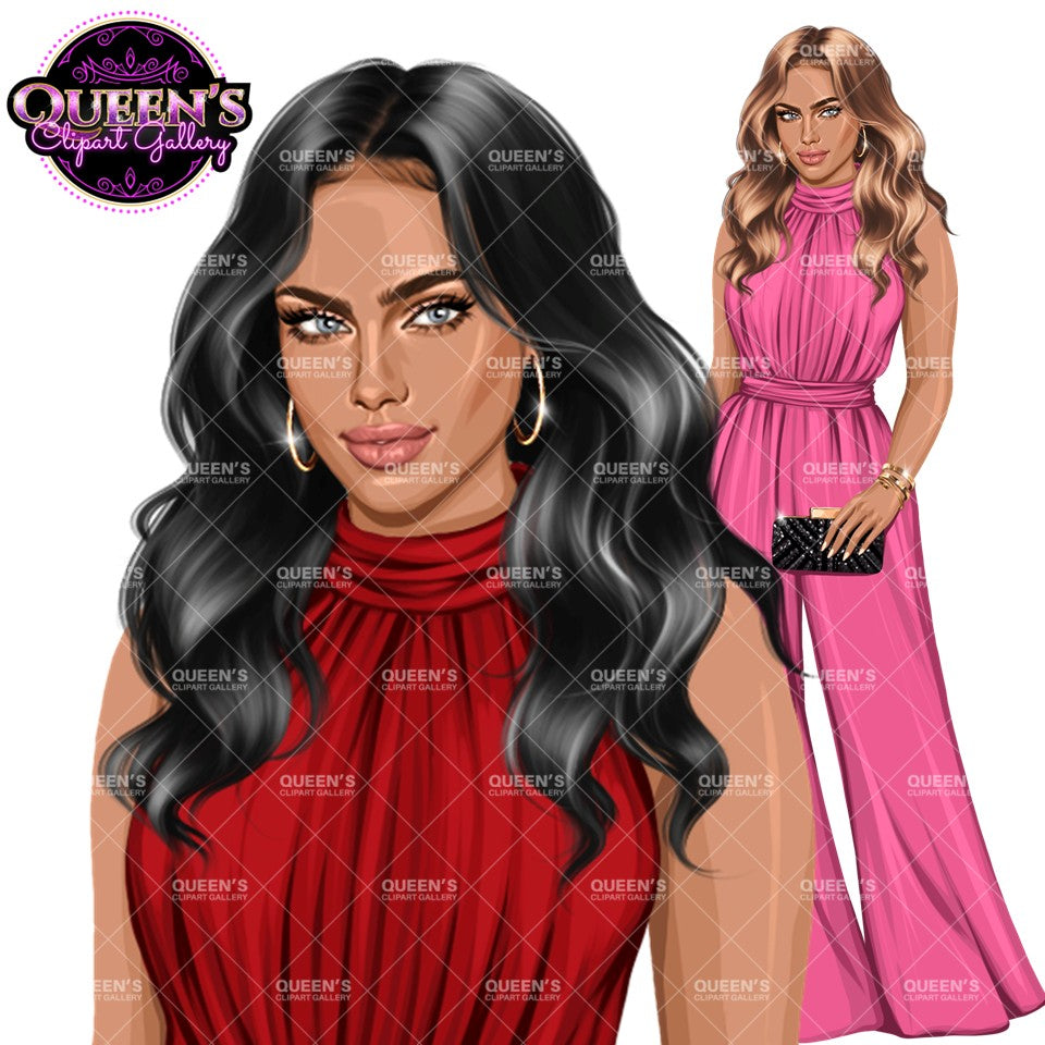 Glamorous fashion woman clipart PNG featuring long black wavy hair, elegant red high-neck jumpsuit, gold hoop earrings, and stylish woman in pink with transparent backgrounds.
