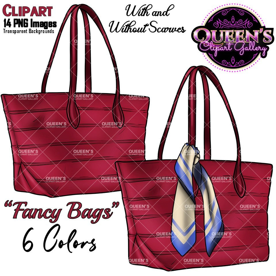 Fashion tote bag clipart collection featuring red handbag designs with and without decorative scarves, PNG images with transparent backgrounds.