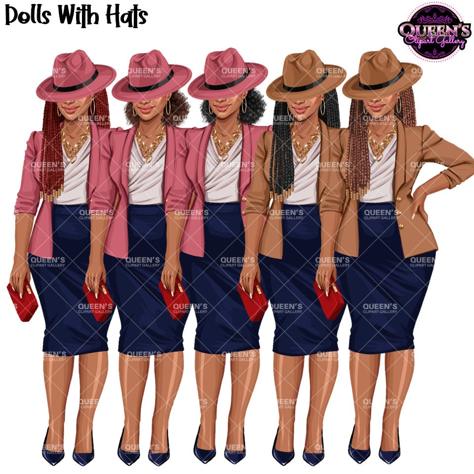 African American woman clipart wearing fedora hats with pink and brown blazers, PNG images with transparent backgrounds.