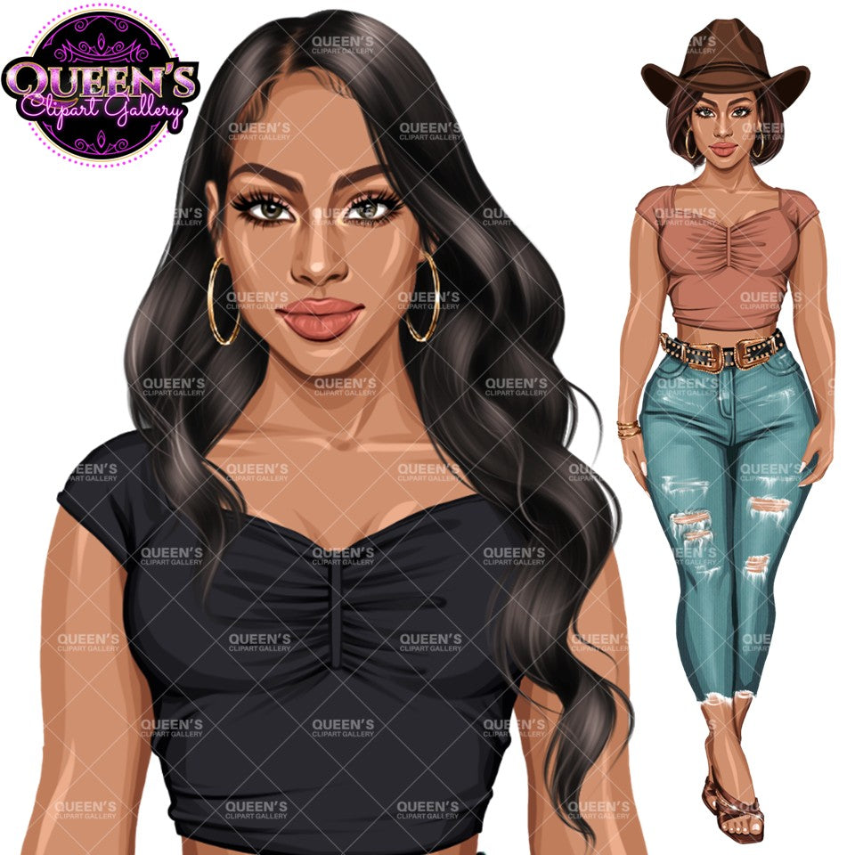Fashion Woman Clipart PNG | Western Cowgirl Clipart | Stylish Woman Illustration | Denim Fashion Girl Clipart | Fashion Girl Clipart