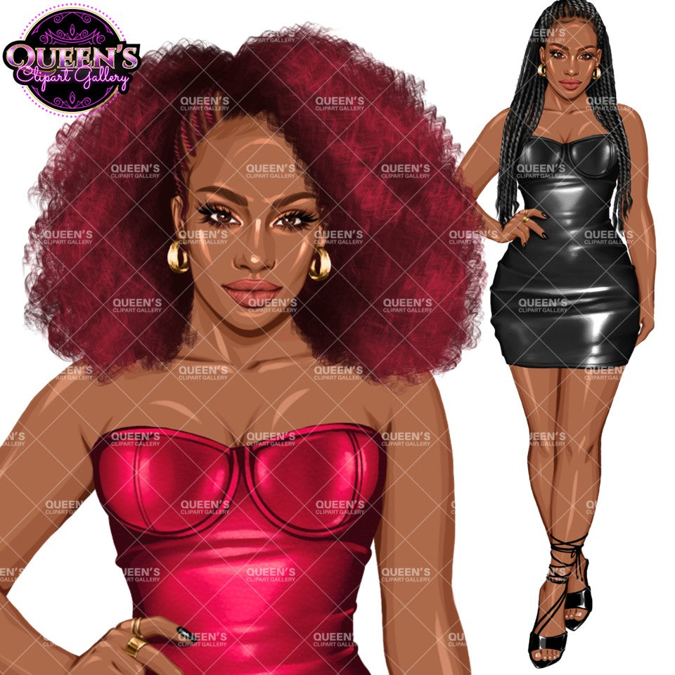 Black Woman Leather Dress Clipart | Afro Woman Fashion PNG | Curvy Woman Clipart | Fashion Illustration | Girl Boss Clipart
