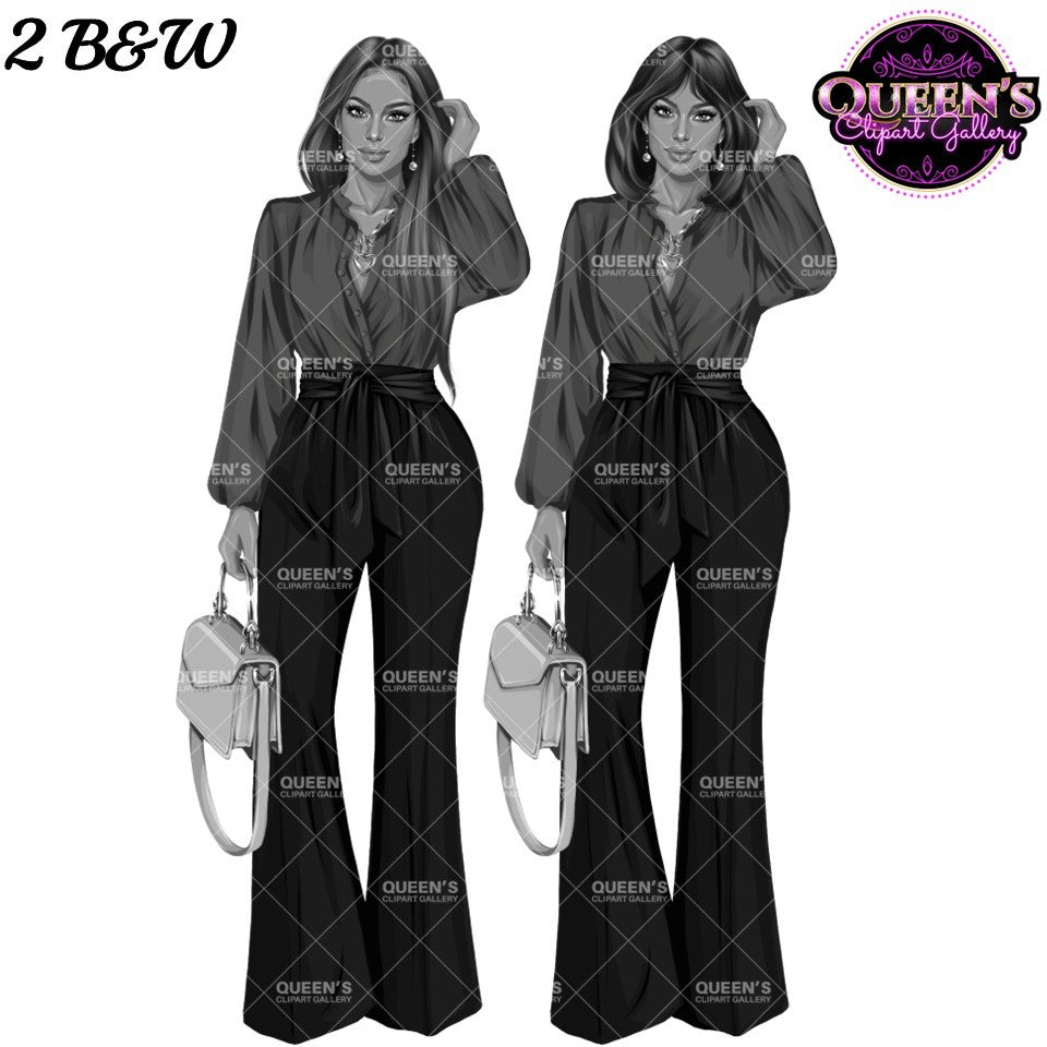 Black and white business woman clipart featuring long and short hairstyles, blouse, wide-leg pants and handbag, professional boss lady PNG images.