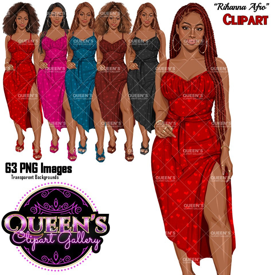 Black woman fashion clipart wearing elegant heart print midi dresses with side slits, hoop earrings and heels in multiple dress colors and hairstyles, PNG images with transparent backgrounds
