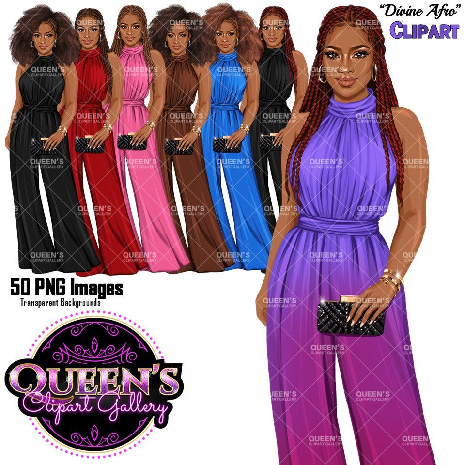 Black woman fashion clipart PNG featuring elegant Afro woman illustrations in colorful formal high-neck jumpsuits with braided and natural hairstyles, clutch purses, and transparent backgrounds.