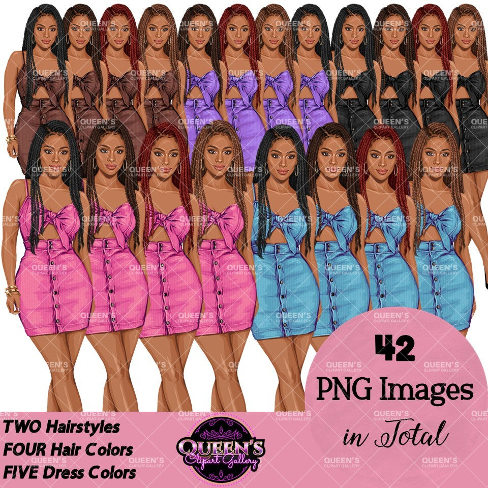 Black woman clipart featuring summer fashion illustrations with braided hairstyles, four hair colors, and five colorful outfit colors.