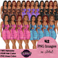 Black woman clipart featuring summer fashion illustrations with braided hairstyles, four hair colors, and five colorful outfit colors.