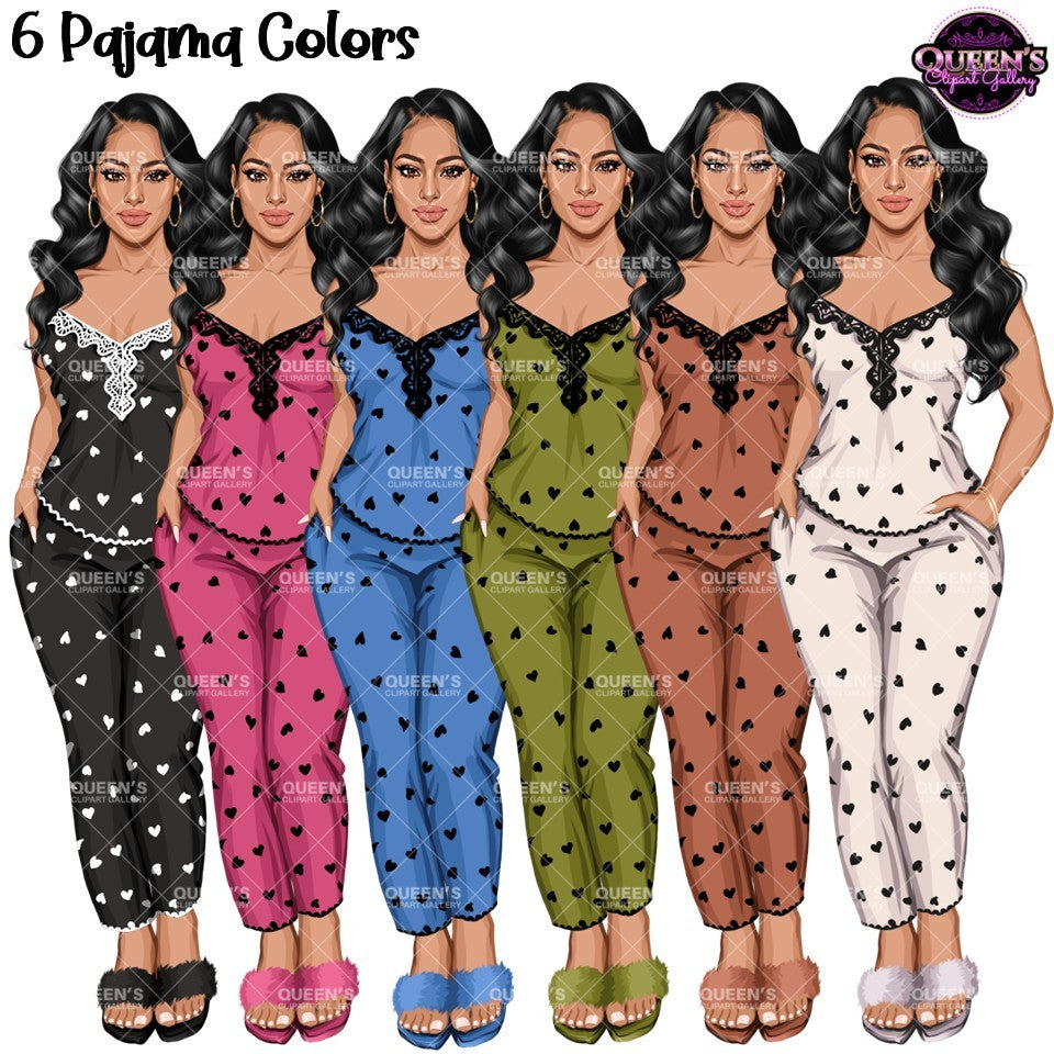 Six women wearing matching pajama sets in different colors: black with white hearts, pink with black hearts, blue with black hearts, olive green with black hearts, brown with black hearts, and white with black hearts. Woman clipart PNG, modern female illustration for planners, websites, educational resources, and commercial use. 