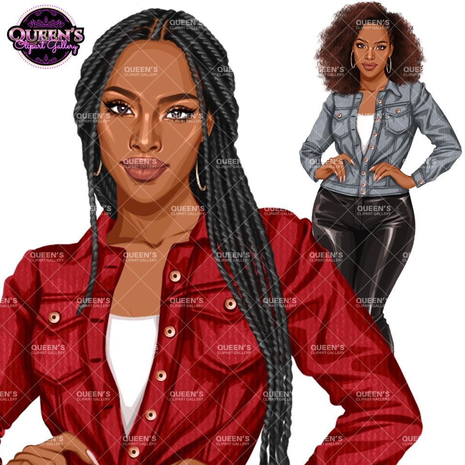 A digital illustration of a woman with long black braids, shown in two poses on a white background with a repeating 'Queen's Clipart Gallery' watermark overlay. The larger foreground figure wears a red button-up shirt over a white top, while the smaller background figure wears a light blue denim jacket and black pants.