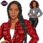 A digital illustration of a woman with long black braids, shown in two poses on a white background with a repeating 'Queen's Clipart Gallery' watermark overlay. The larger foreground figure wears a red button-up shirt over a white top, while the smaller background figure wears a light blue denim jacket and black pants.