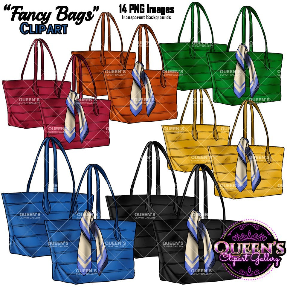 Tote bag clipart collection featuring red, orange, green, yellow, blue and black fashion handbags with and without scarves, PNG images with transparent backgrounds.