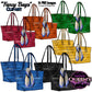 Tote bag clipart collection featuring red, orange, green, yellow, blue and black fashion handbags with and without scarves, PNG images with transparent backgrounds.