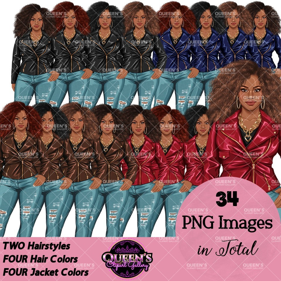 African American woman clipart with curly Afro hairstyles, leather jackets and ripped jeans PNG with transparent backgrounds.
