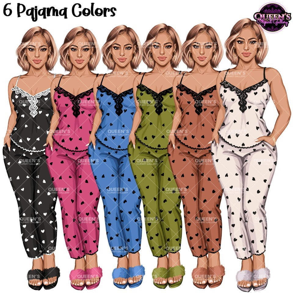 Six women modeling matching pajama sets in different colors: black with white hearts, pink with black hearts, blue with black hearts, olive green with black hearts, brown with black hearts, and white with black hearts. Woman have bob haircuts in blonde hair with transparent backgrounds.