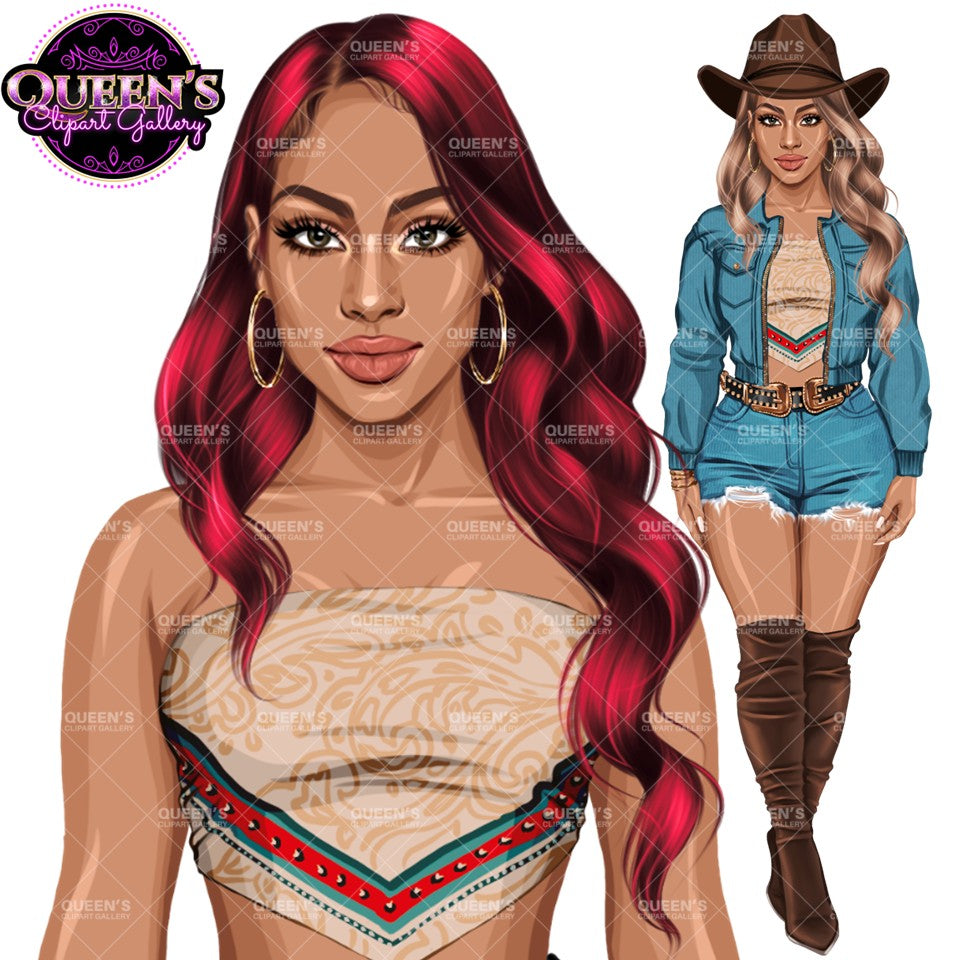 Country Girl Clipart PNG | Western Cowgirl Woman Clipart | Southern Fashion Girl Illustration | Blonde Cowgirl PNG