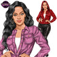 Fashion woman clipart featuring 2 hairstyle variations with a casual jacket, faux leather pants, and transparent PNG background.