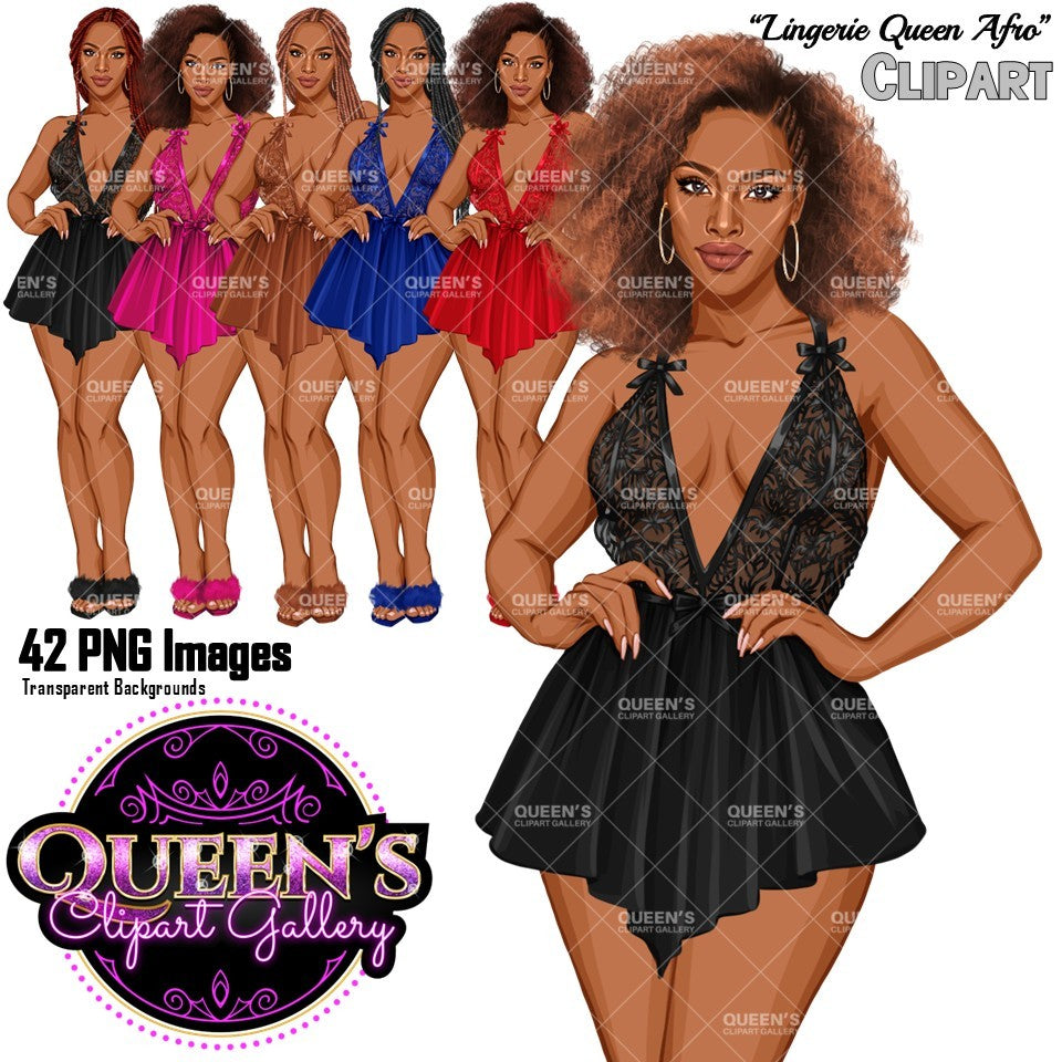 Lingerie clipart PNG featuring an African American woman in lace lingerie with multiple hairstyles, hair colors, lingerie color variations, and transparent backgrounds. Perfect for planners, websites, digital designs, social media, and commercial projects.