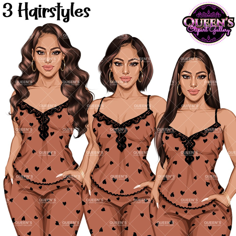 Three illustrated women modeling matching brown lingerie sets with black lace trim and small black heart patterns with transparent backgrounds. White women with three different hairstyles: long brown wavy hairstyle, bob cut brown hairstyle, long straight brown hairstyle.