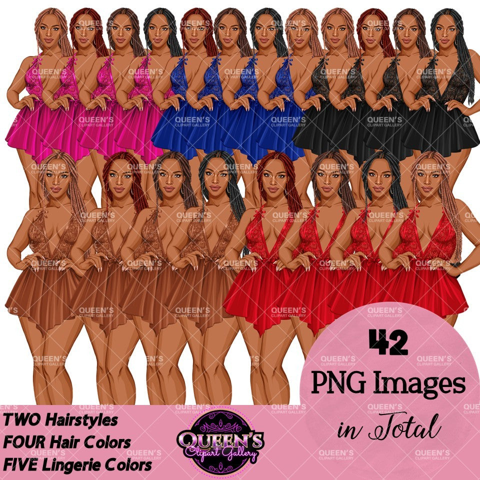 Lingerie clipart PNG featuring an African American woman in lace lingerie with multiple hairstyles, hair colors, lingerie color variations, and transparent backgrounds. Perfect for planners, websites, digital designs, social media, and commercial projects.