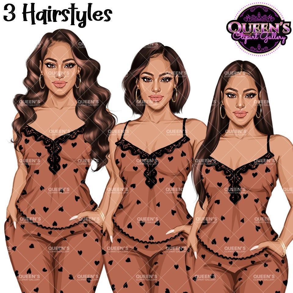 Three illustrated women modeling matching brown lingerie sets with black lace trim and small black heart patterns with transparent backgrounds. White women with three different hairstyles: long brown wavy hairstyle, bob cut brown hairstyle, long straight brown hairstyle.