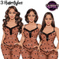 Three illustrated women modeling matching brown lingerie sets with black lace trim and small black heart patterns with transparent backgrounds. White women with three different hairstyles: long brown wavy hairstyle, bob cut brown hairstyle, long straight brown hairstyle.