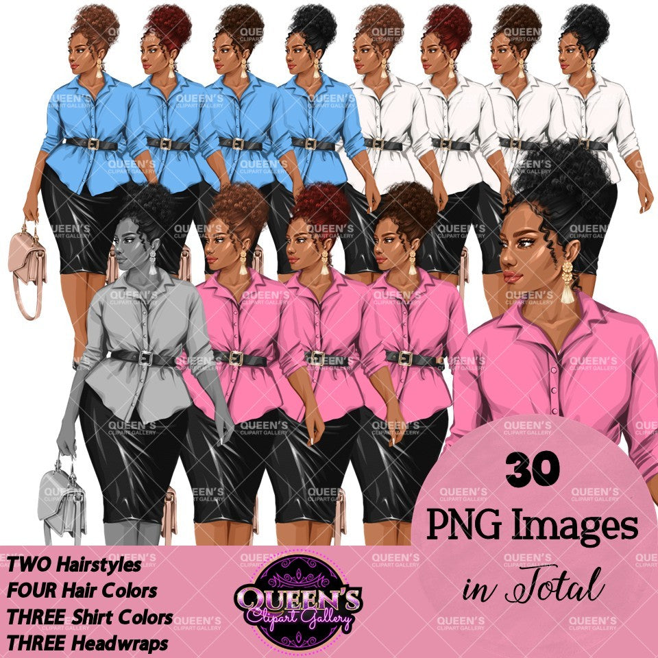 African American professional woman clipart featuring curvy Black woman with natural curly hairstyles, blouse color variations, handbag, and transparent PNG backgrounds.
