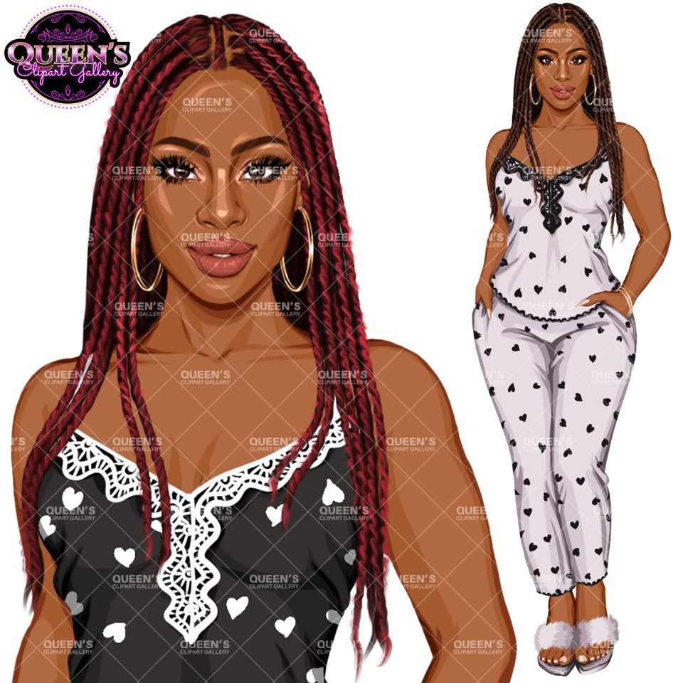 A stylized fashion illustration showing a black woman modeling a matching two-piece outfit. The left close-up shows the top in black with white heart and lace trim, while the full-body view on the right shows the white pajamas with black hearts and a white-and-black patterned top pajamas with transparent background.
