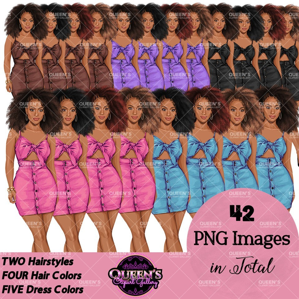 Afro woman clipart  featuring PNG summer fashion illustrations with natural curly hairstyles, four hair colors, and five colorful outfits.