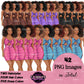 Afro woman clipart  featuring PNG summer fashion illustrations with natural curly hairstyles, four hair colors, and five colorful outfits.