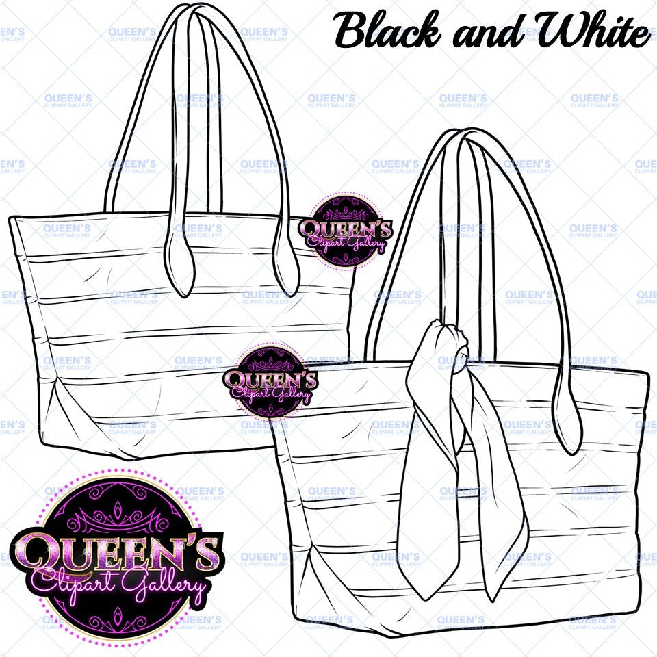 Black and white tote bag clipart featuring fashion handbag line art with and without a decorative scarf, PNG images with transparent backgrounds.