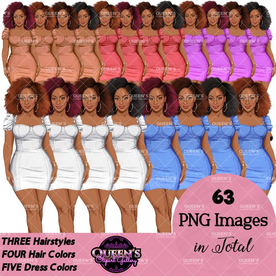 Dress clipart PNG featuring a stylish African American woman in a fitted mini dress with multiple hairstyles, hair colors, dress color variations, and transparent backgrounds. Perfect for planners, websites, digital designs, social media, and commercial projects.