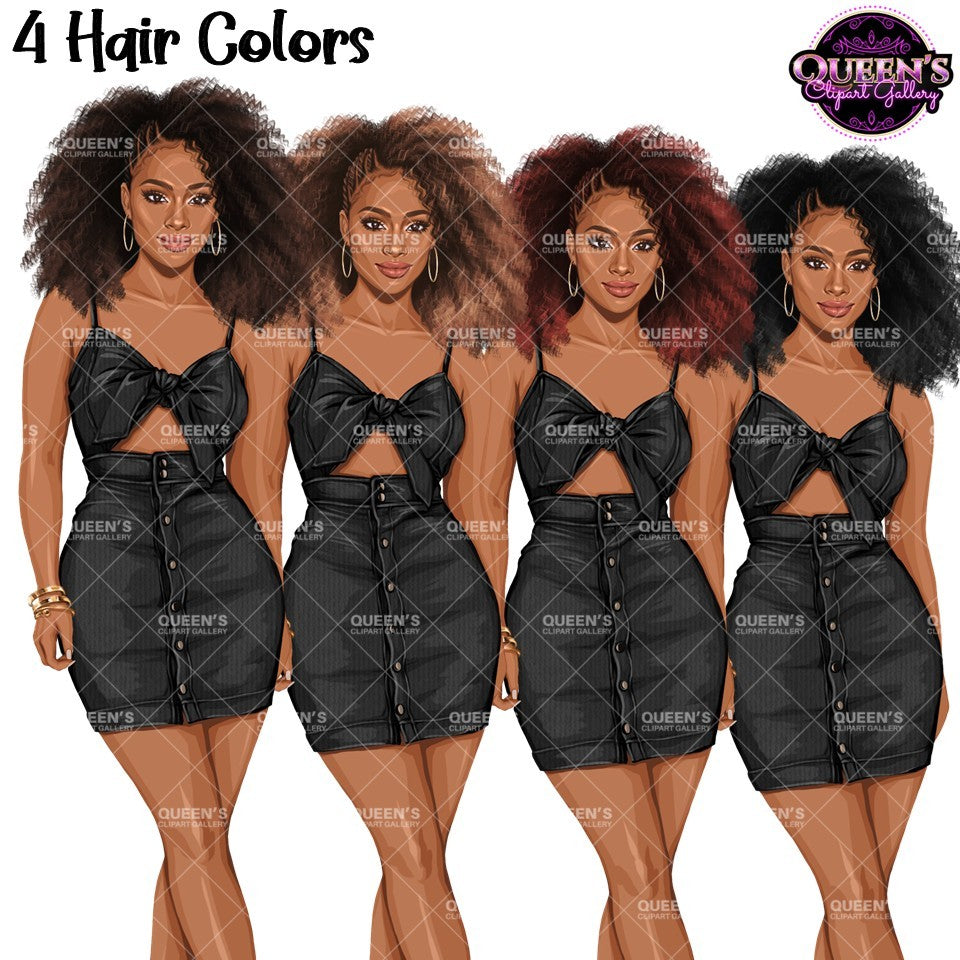 Black woman Afro clipart featuring four natural curly hair colors with stylish black crop top and button-front mini skirt outfit.