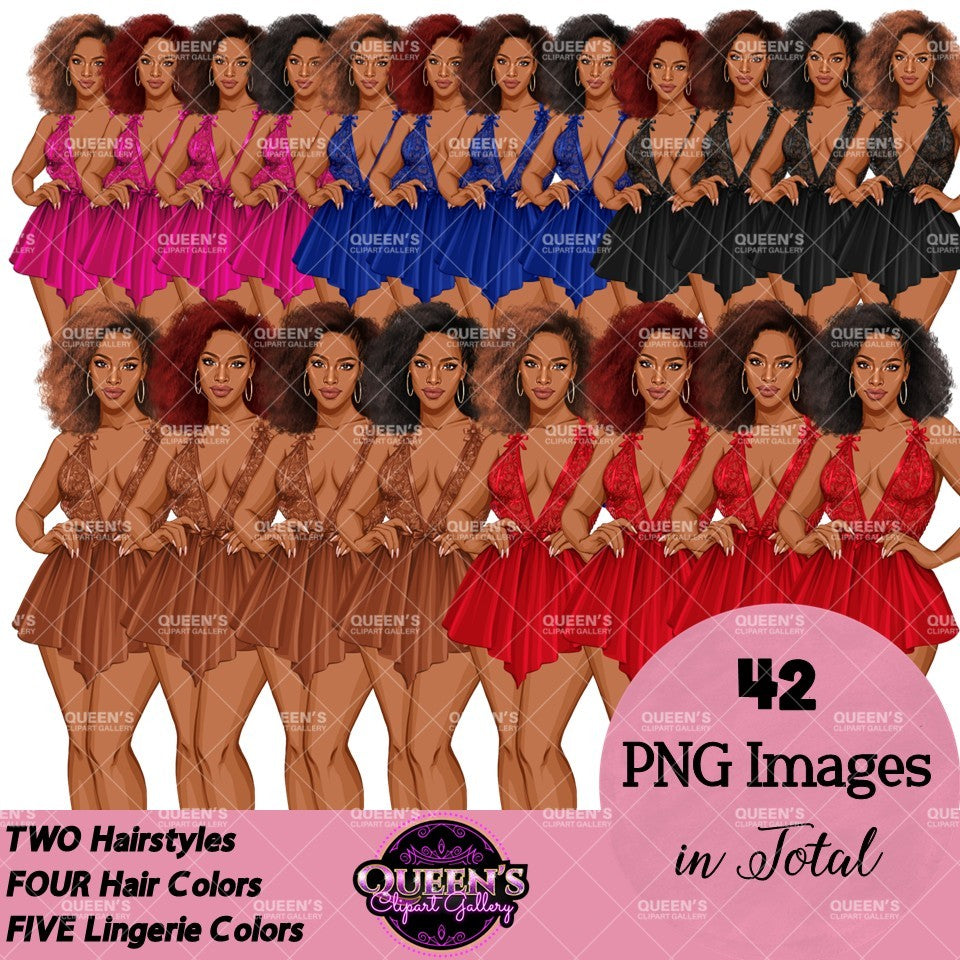 Lingerie clipart PNG featuring an African American woman in lace lingerie with multiple hairstyles, hair colors, lingerie color variations, and transparent backgrounds. Perfect for planners, websites, digital designs, social media, and commercial projects.