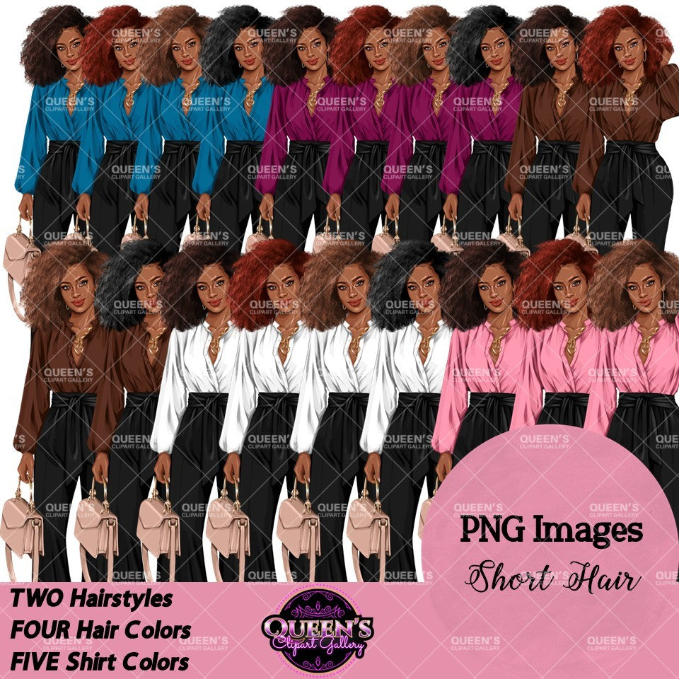 Black woman business clipart featuring voluminous Afro hairstyles, colorful blouses, black wide leg pants and handbags, professional woman PNG images.