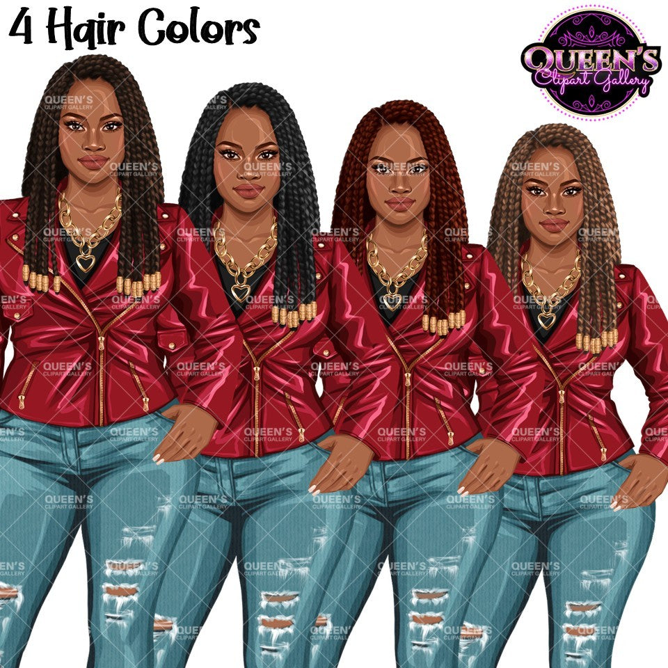 Black woman braided hair clipart in four hair colors wearing red leather jacket and jeans PNG with transparent background.