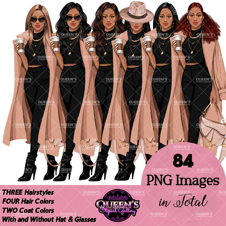 Woman Clipart | Fashion Woman Clipart | Fashion Woman Clipart | Coffee Woman PNG | Trench Coat Girl Clipart | Coffee Illustration