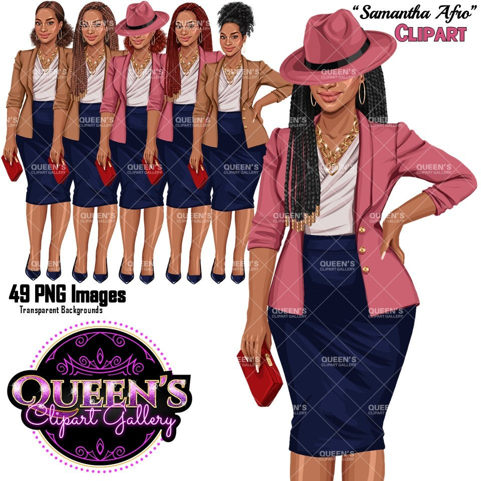 Black business woman clipart in blazer and pencil skirt with transparent backgrounds.