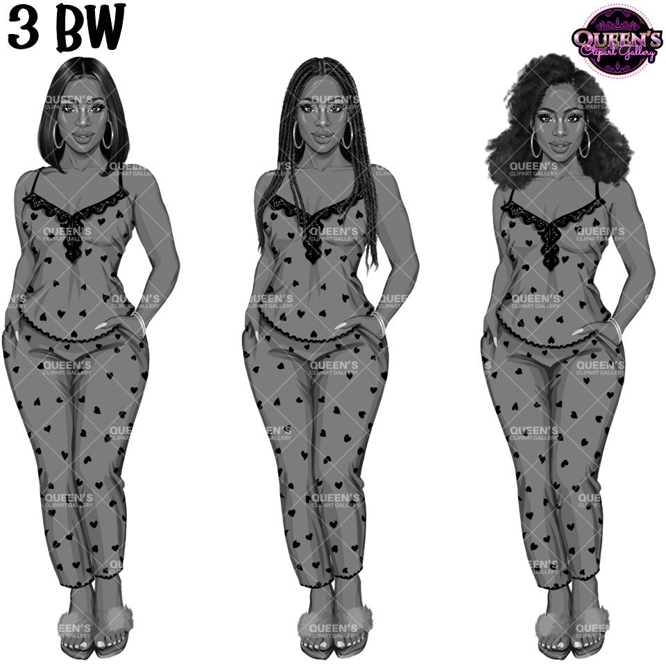 Three grayscale black female women with different hairstyles wearing matching sheer black-and-white patterned camisole and pant pajama sets, shown side by side with transparent backgrounds.