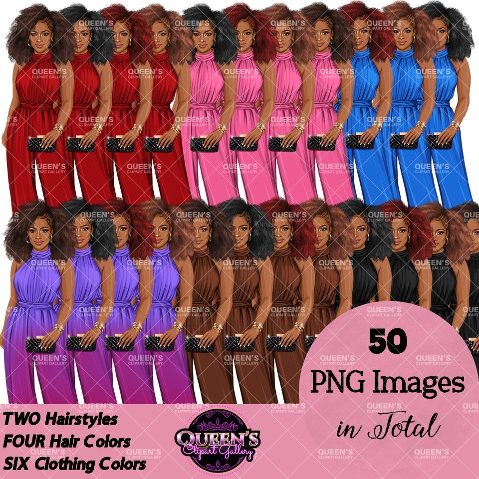 Afro woman clipart PNG featuring fashionable Black women with natural curly Afro hairstyles, colorful elegant high neck jumpsuits, clutch purses, and transparent backgrounds.