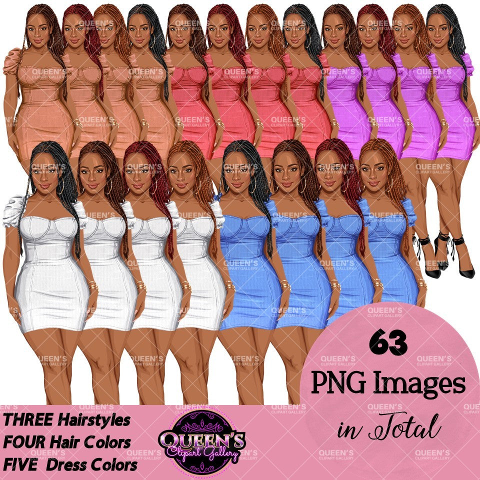Dress clipart PNG featuring a stylish African American woman in a fitted mini dress with multiple hairstyles, hair colors, dress color variations, and transparent backgrounds. Perfect for planners, websites, digital designs, social media, and commercial projects.