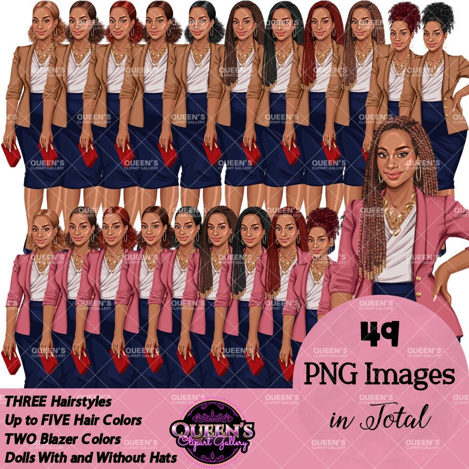 African American business woman clipart with natural hairstyles, braids and blazers, PNG images with transparent backgrounds.