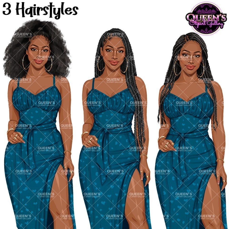 Black woman clipart wearing a blue heart print midi dress featuring afro, long twist and braided hairstyles, PNG images with transparent backgrounds