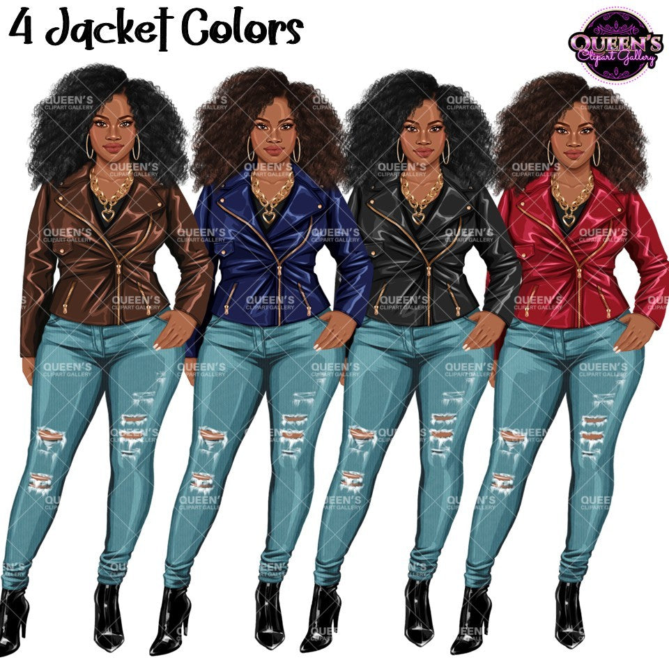 Curvy African American woman clipart in brown, blue, black and red leather jackets with Afro hair and transparent background.