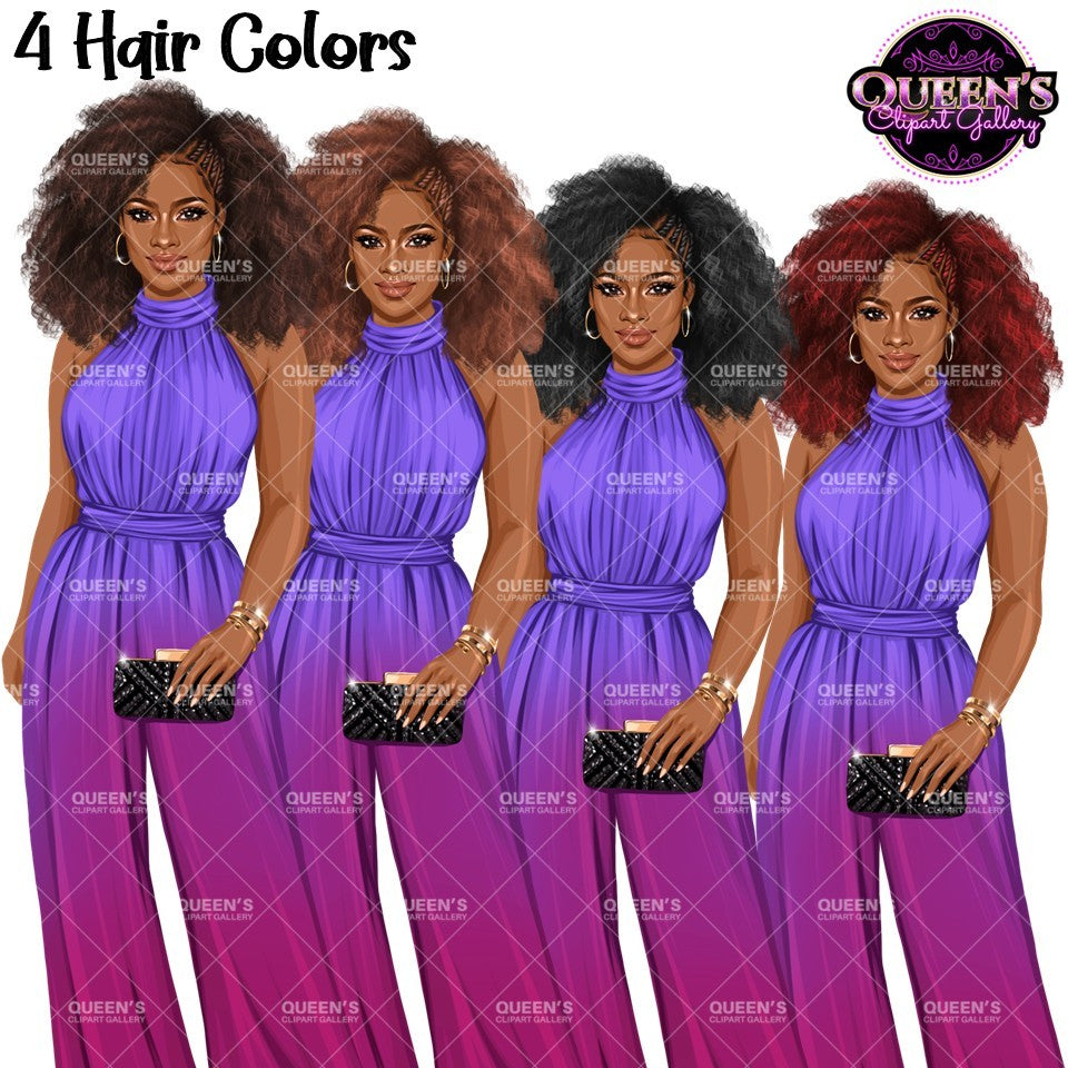 Black woman natural hair clipart featuring stylish African American women with curly Afro hairstyles in multiple hair colors, purple formal high-neck jumpsuits, and transparent backgrounds.