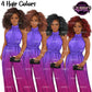 Black woman natural hair clipart featuring stylish African American women with curly Afro hairstyles in multiple hair colors, purple formal high-neck jumpsuits, and transparent backgrounds.