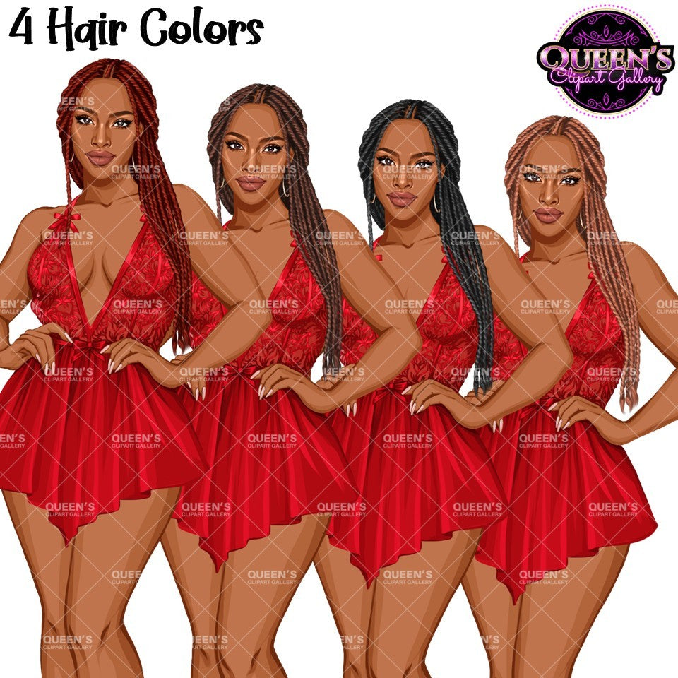 Lingerie clipart featuring an African American woman with 4 hair color variations with lace lingerie and transparent PNG backgrounds.