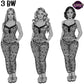 Three grayscale female models with different hairstyles wearing matching sheer black-and-white patterned camisole and pant pajama sets, shown side by side with transparent backgrounds.
