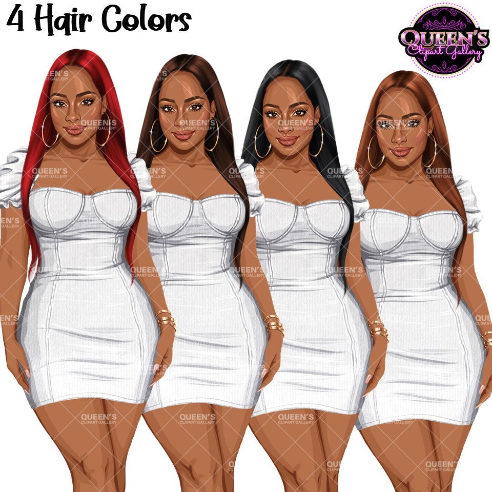 African American woman in dress clipart PNG featuring 4 hair color variations, a fitted mini dress, and transparent backgrounds.