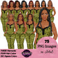 African American pajama girl clipart PNG featuring a stylish black woman in heart print green sleepwear with multiple hairstyles, hair colors, pajama color variations, and transparent background. Black Woman clipart PNG, modern female illustration for planners, websites, educational resources, and commercial use.