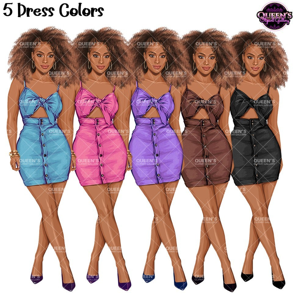 Black woman summer clipart featuring natural Afro hair and fashionable crop top and mini skirt outfits in blue, pink, purple, brown, and black.
